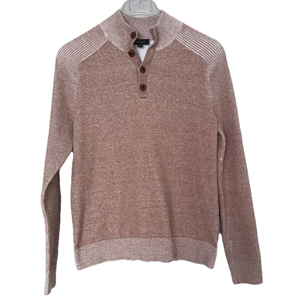 EXPRESS Men's Large Beige Pullover Sweater with 1/4 Button Long Sleeves Casual